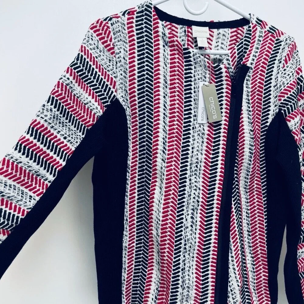 Chico’s Sweater Moto Jacket Size 1 Women’s Red White Black Pullover New - Picture 5 of 16